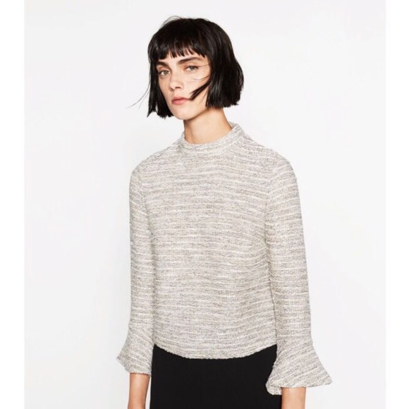 Zara Sweaters - Zara Cream/Grey Tweed Sweater with Flared Sleeves